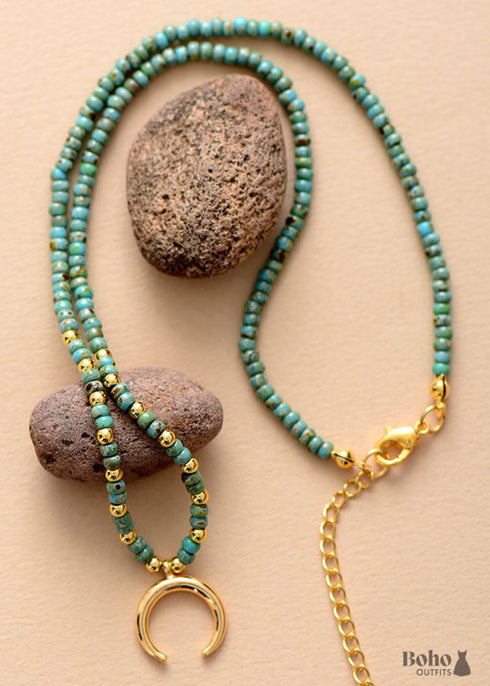 Boho Necklace, Seed Beads Gold Horn Evil Eye Heart Pendant
